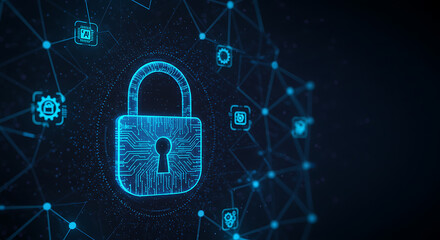 Cybersecurity concept with digital padlock, neural network background and AI icons