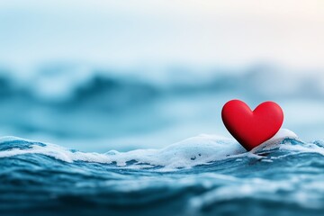 Fototapeta premium Red Heart Floating on Ocean Waves Romantic Hopeful and Serene Imagery