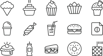 Food Icons Cupcakes, Burgers, Ice Cream, Drinks, and Snacks