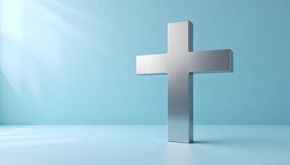Obraz premium Metallic Cross Displayed on Blue Background with Soft Lighting - 