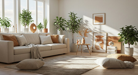 Obraz premium This modern living room interior features a comfortable sofa and furniture around a fireplace, enhancing the home's design and creating a cozy lounge decor