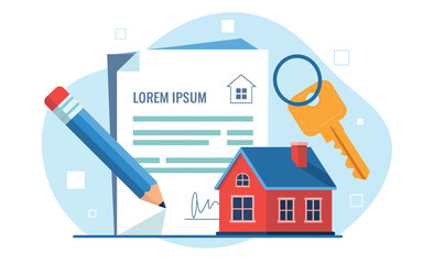 Real estate concept with house icon magnifying glass document pen key in flat design on blue background with white clouds red and white color vector art for property search and home buying