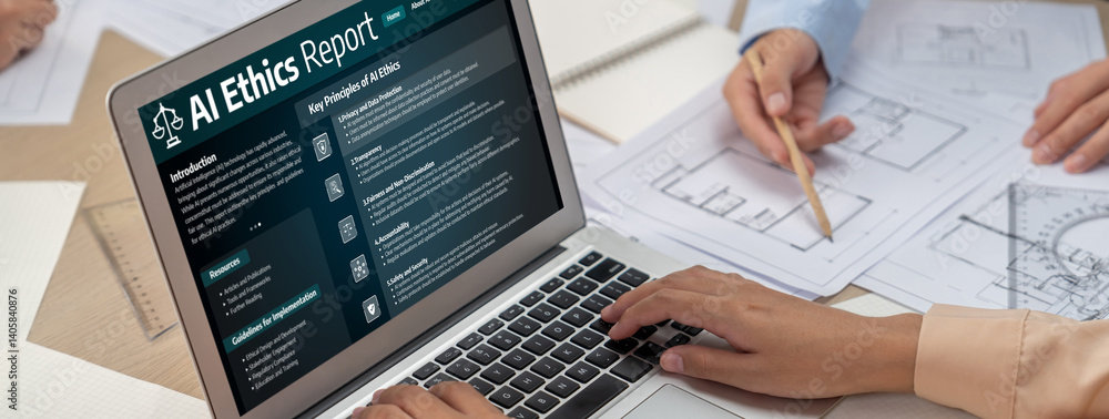 Poster ai ethics responsibility standard law and rules on computer screen provide report of ai ethic transp