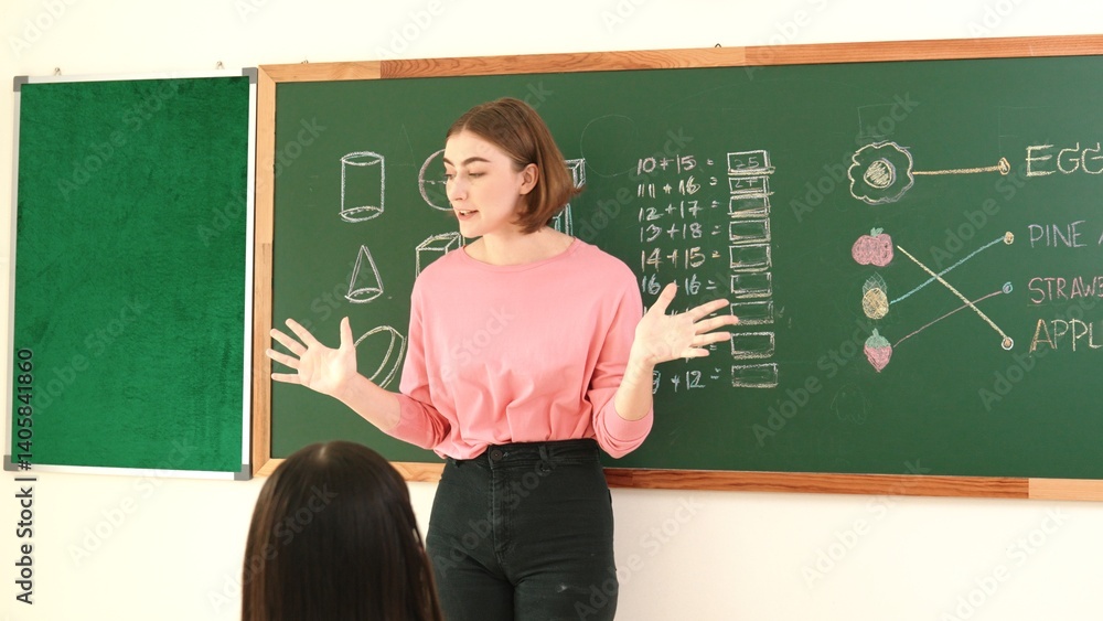 Poster smart teacher checking cute student homework while explaining idea at class. attractive instructor w