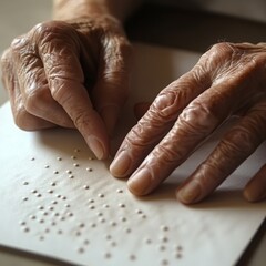 Fototapeta premium Braille Learning Touch Closeup of aged hands tracing Braille text on crisp white paper shallow depth of field soft natural light from a window highlighting tactile dots muted beige 