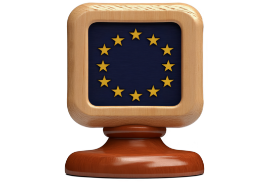Wooden Square Illustration Of European Union EU Flag Symbol Icon On Dark Blue Isolated Background