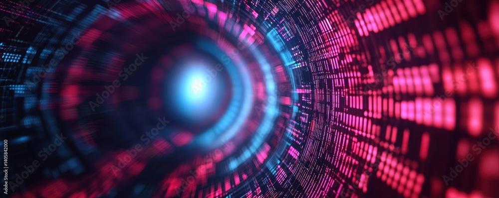 Poster a vibrant digital tunnel with swirling patterns of blue and pink lights, creating a futuristic and d