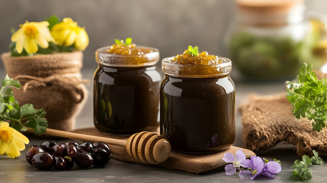 Homemade ayurvedic immunity booster chyawanprash showcasing fresh ingredients with honey and herbs on a rustic wooden tabletop