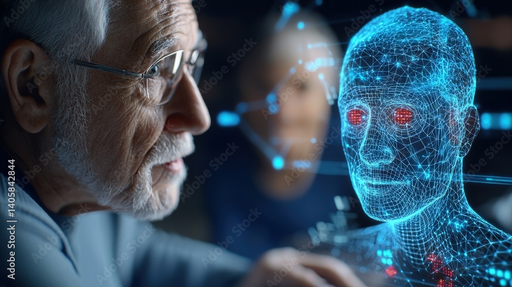 Poster innovative human-robot interaction technology lab digital art futuristic environment close-up view a
