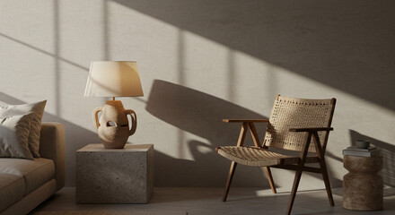Serene morning sunlight illuminates a minimalist living room, featuring a hand-woven chair and a unique ceramic lamp on a textured side table.