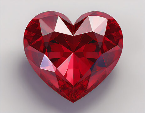 red heart in 3d rendering style made of precious stone ruby isolated on white background