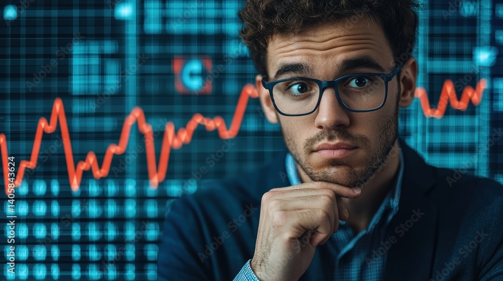Poster a thoughtful man analyzes financial data displayed on a screen, showcasing collection trends with fl