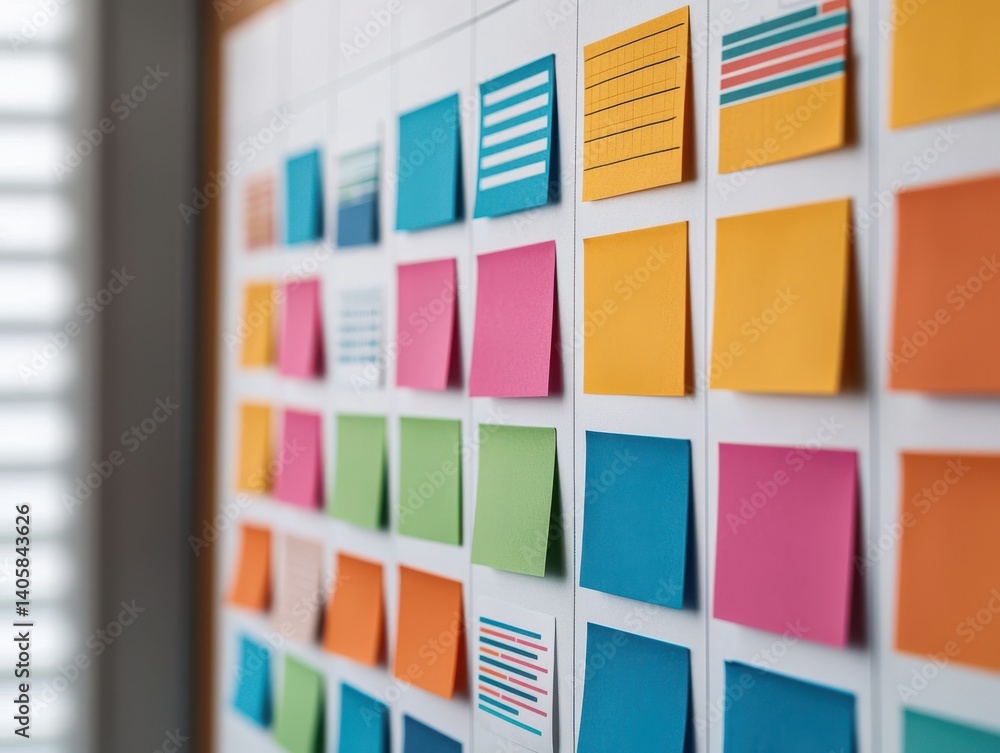 Poster a vibrant display of colorful sticky notes arranged neatly on a board, showcasing various patterns a