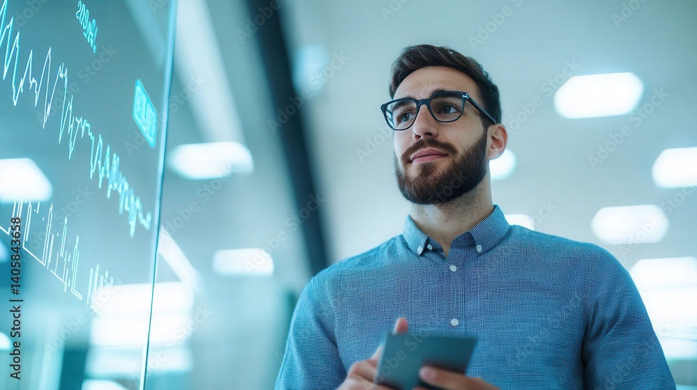 Poster a focused man in glasses analyzes data displayed on a screen while holding a smartphone in a modern 