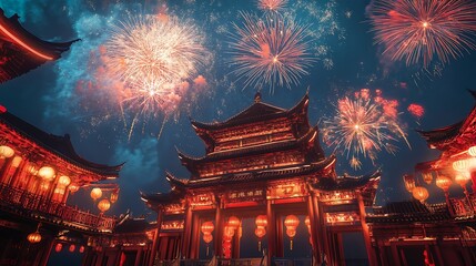 Fototapeta premium Historic buildings glowing rooftops celebration fireworks lanterns heritage festival skyline night tradition picture