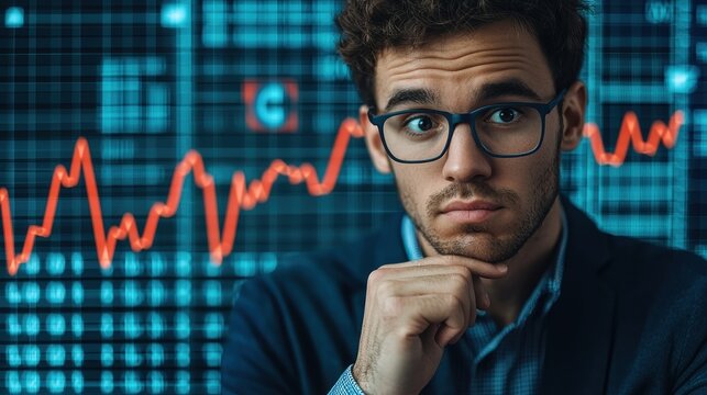 A thoughtful man analyzes financial data displayed on a screen, showcasing collection trends with fluctuating graphs and charts.