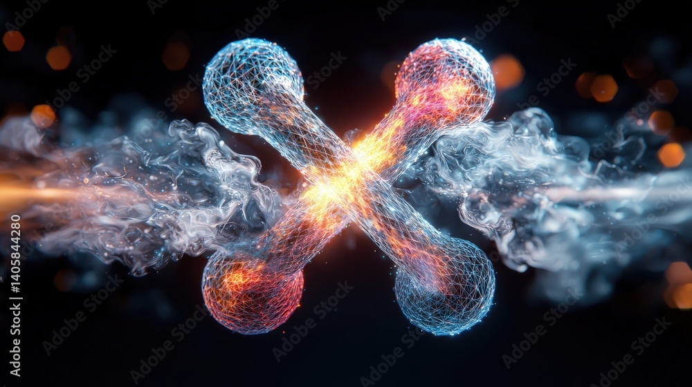 Poster dynamic fusion of particles creating energy virtual lab 3d visualization futuristic environment clos