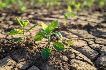 Dry Soil with Struggling Garden Plants – Drought Conditions and Water Shortage Concept. Earth day background.