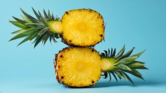 A vibrant pineapple cut in half, showcasing its juicy yellow interior against a soft blue background