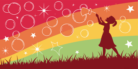 Fototapeta premium Whimsical Silhouette of a Girl Blowing Bubbles in a Rainbow Scene 