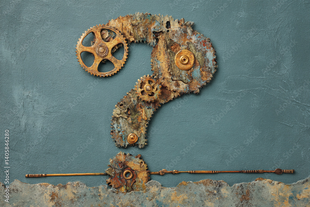Poster Rusty gears form a question mark on a textured blue background, symbolizing inquiry, mechanics, or problem-solving.  Free space below
