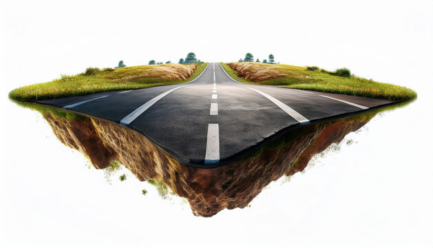 floating asphalt road on a piece of land isolated on white background