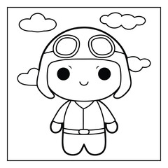 Cartoon aviator man coloring book vector art illustration