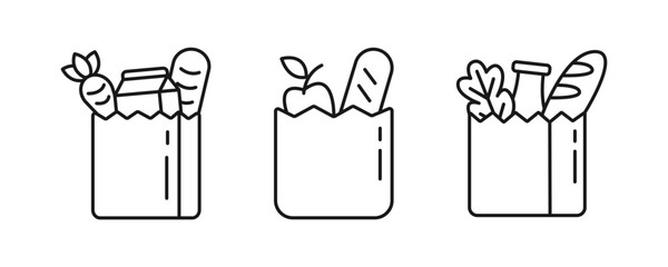 Grocery bag icon set. Shopping bag with groceries symbol. Store, supermarket, delivery, promotion, shopping cart. Editabe line