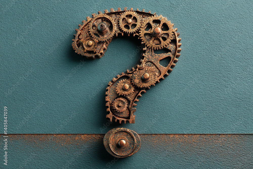 Poster Rusty gears forming a question mark on a textured background, showcasing industrial design and problem-solving concepts Free space below