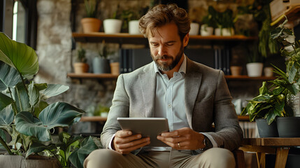 Man Using Tablet in Green Workspace