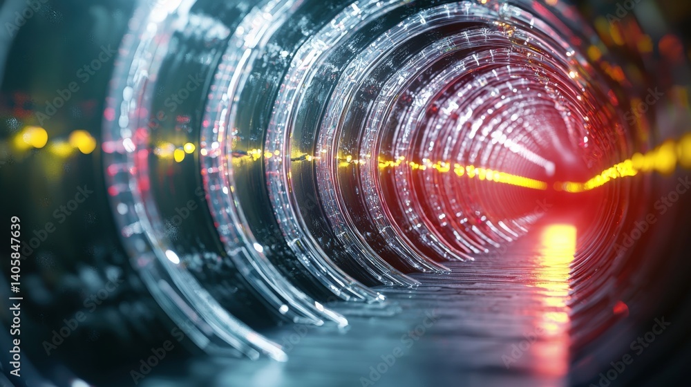 Poster exploring the depths of futuristic tubes a journey through neon-lit pipelines in a high-tech environ