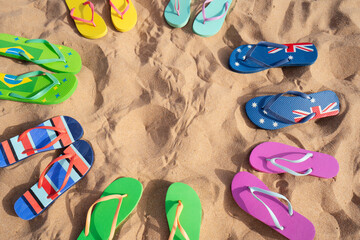 Summer beach background with flip flops and copy space, vacations concept