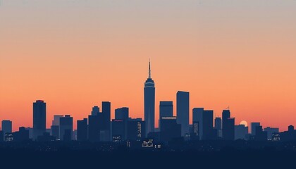 Fototapeta premium Stunning sunset skyline view of a city with silhouette buildings against a colorful sky gradient