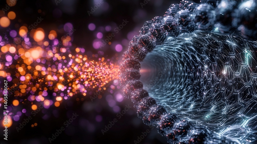 Poster exploring quantum conduit energy transfer through a molecular tunnel digital realm 3d visualization 