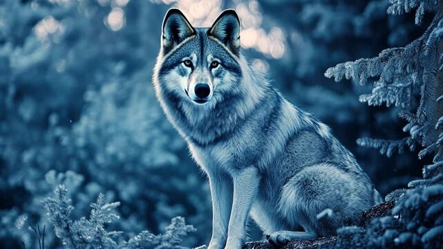 Majestic wolf sitting gracefully amidst a serene blue forest, surrounded by soft foliage