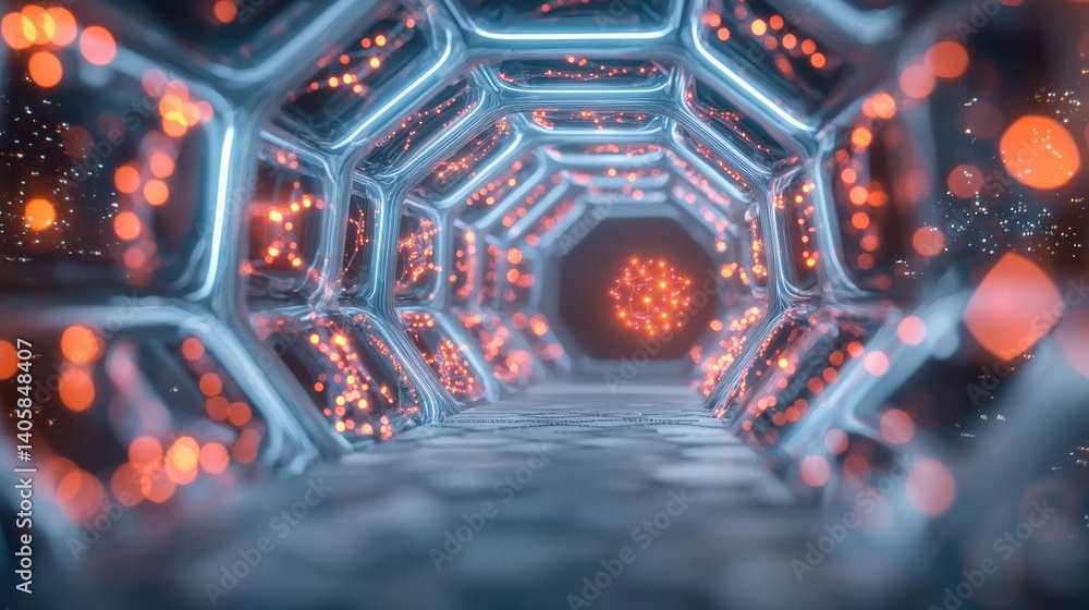 Poster futuristic visualization of a luminous tunnel abstract digital environment 3d rendered concept close