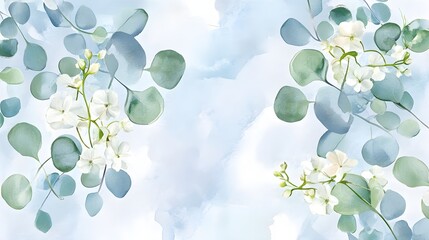 Watercolor greeting card featuring eucalyptus and jasmine flowers with a gentle blue background.