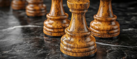 Chess rooks stand on a reflective marble surface in a strategy game setup