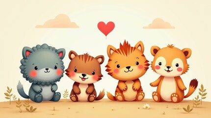 Naklejka premium Global love day celebration with cute animal characters in a whimsical environment heartwarming theme