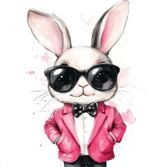 A drawing of a rabbit wearing a pink jacket and sunglasses