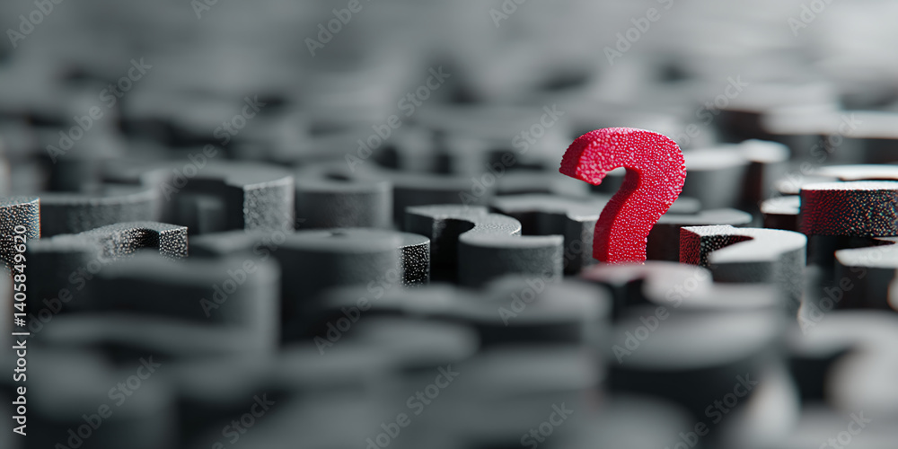 Poster Red question mark stands out among gray question marks, symbolizing unique solution or problem-solving concept.  Abstract 3D rendering