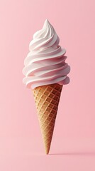 A tall and perfect swirl of soft serve ice cream in a waffle cone against a simple pink background