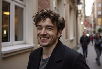 Obraz premium Smiling Man on City Street: A portrait of a young man with curly brown hair, a broad smile, and a confident demeanor, captured on a city street.