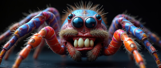 Extreme Close-Up of a Fantastical Jumping Spider Exhibiting Intense Colors and Textured Exoskeleton..