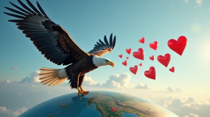 Obraz premium Eagle soars over earth spreading global love day hearts nature's embrace aerial view inspirational concept