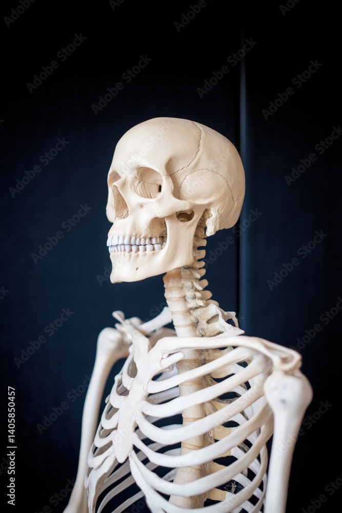 Poster a skeleton is shown with its head turned to the side. the skeleton is white and has a smile on its f