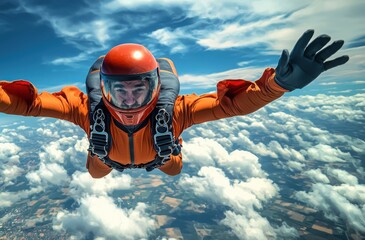 Man in orange jumpsuit and helmet soars through the sky amidst fluffy white clouds and sunlit fields below in freefall.