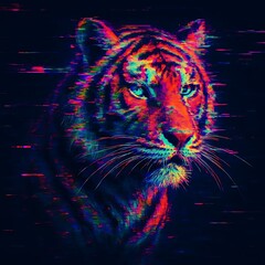 Neon glitch tiger portrait with vivid glowing fur in surreal digital style