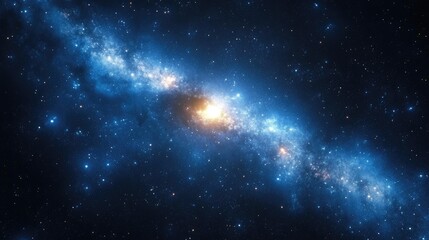Dazzling display of cosmic wonder; galactic nucleus glowing brightly. Stars scatter across the dark