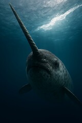 Narwhal swimming under icy arctic ocean with spiral tusk and spotted skin